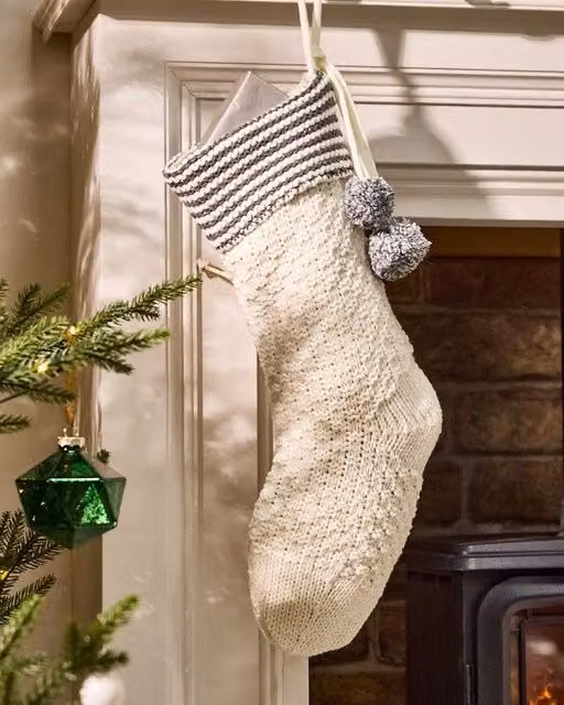 Dibor Set of 4 White, Gold and Grey Sparkle Knit Pom Pom Christmas Stockings – 1