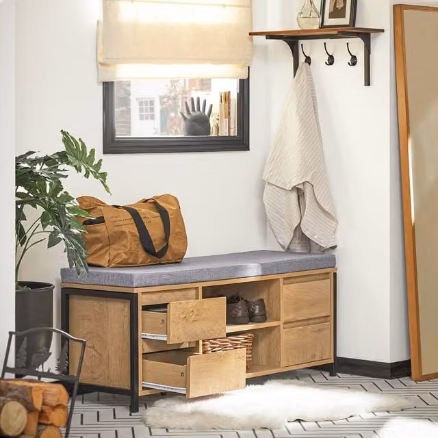SoBuy Entrance Bench with 4 Drawers and Grey Fabric Cushion, W: 110 cm, D: 35 cm – 1