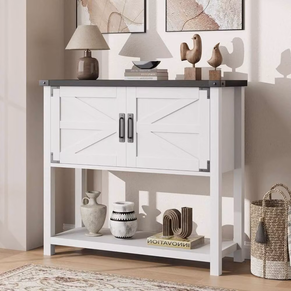 KORVIXA White Modern Farmhouse Console Table with 2 Door Cabinet, W: 100 cm, D: 100 cm, H: 100 cm – 2