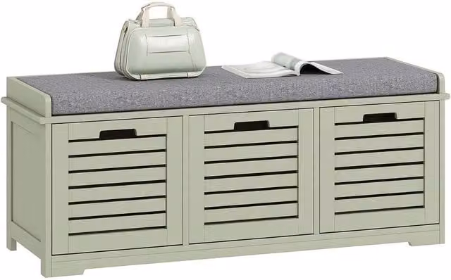 SPETLEK 3-Door Shoe Storage Bench with Fabric Cushion Seat and Slatted Doors in Green, W/D/H: 108 x 35 x 43 cm