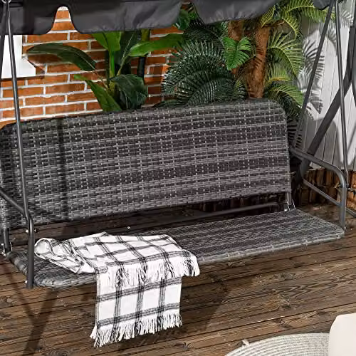 Outsunny 3-Seater Outdoor PE Rattan Swing Chair with Adjustable Canopy and Powder Coated Steel Stand, Grey – 6