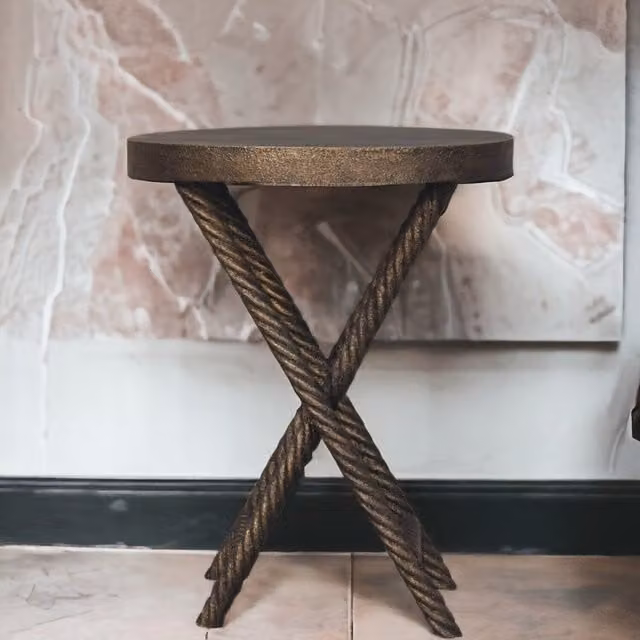 Artisan Furniture Modern Round Mango Wood Side Table with X-Frame Metal Base in Silver, Brown or Bronze
