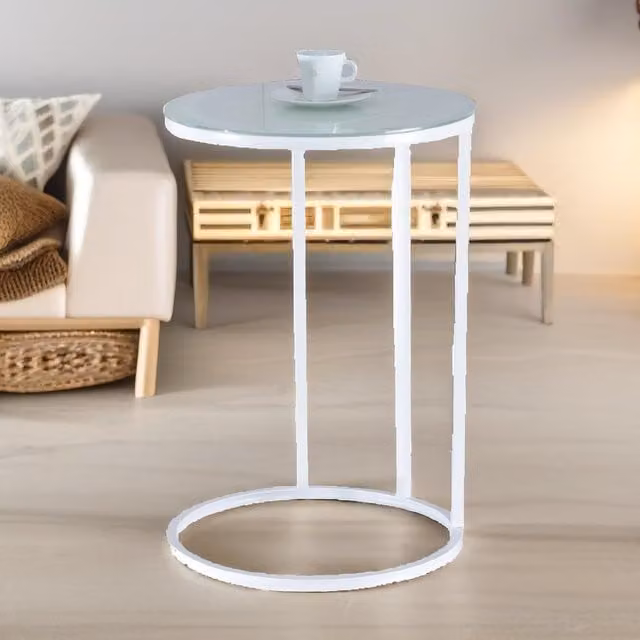 Pirlo Plush C Shaped Side Table with White Glass Top and Chrome Finish