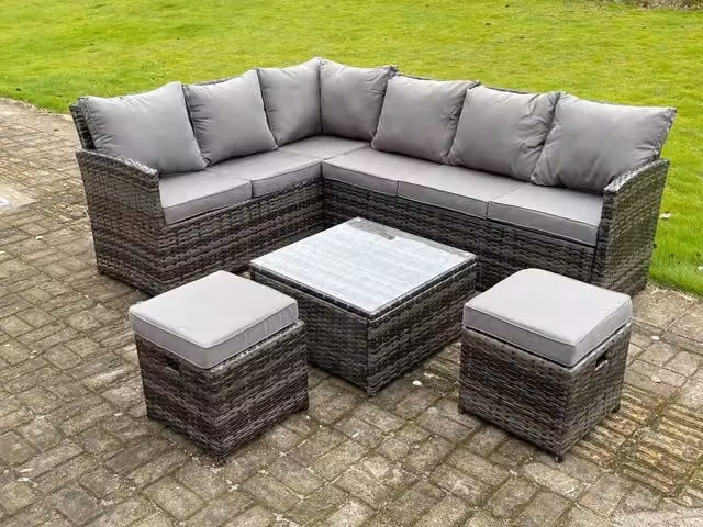 Fimous 8 Seater High Back Rattan Corner Sofa Set with Square Coffee Table and 2 Small Footstools in Dark Grey
