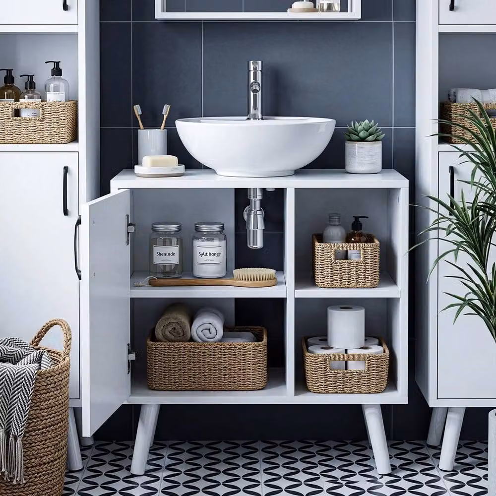 NESTLUNE White Under Sink Bathroom Storage Cabinet with Hinged Doors and Open Shelf – 3