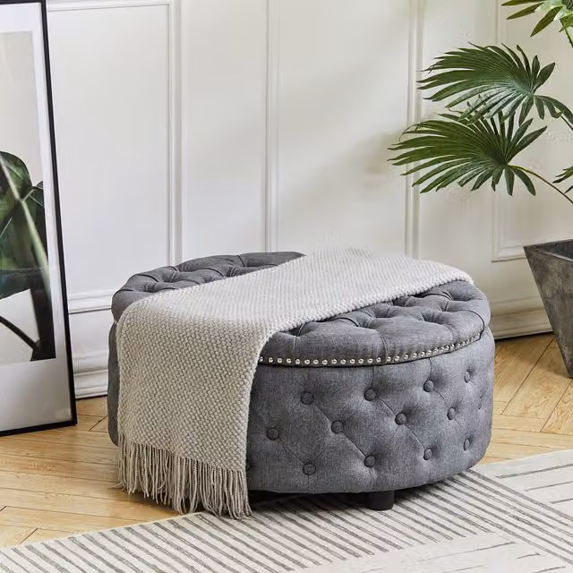 Livingandhome Round Tufted Upholstered Buttoned Footstool in Dark Grey