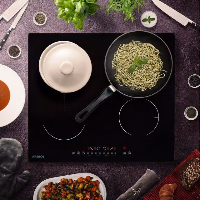 AREBOS Black Glass Ceramic Induction Electric Hob with 4 Zones, Child Lock and Timer