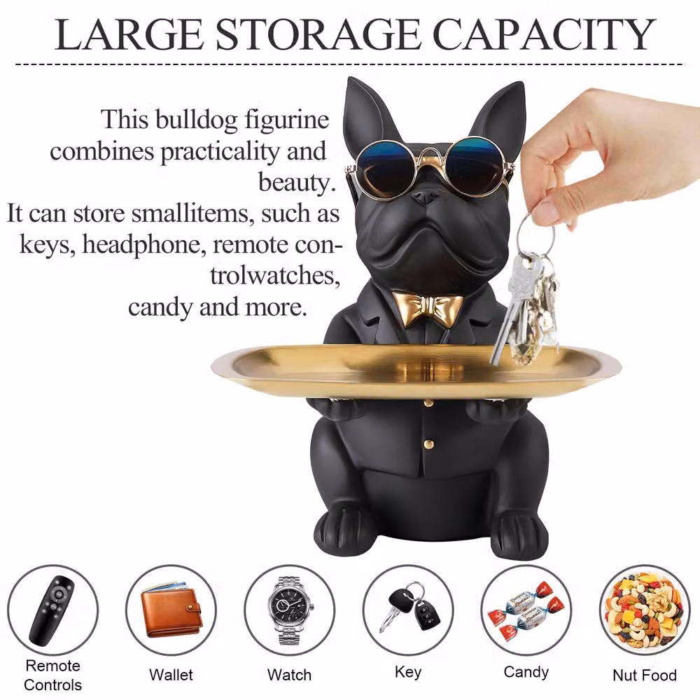 Huhote Black Resin Bulldog Statue with Tray Sitting Sculpture for Tabletop Decor – 5