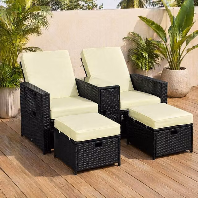 STILVORA 5 Piece Sun Lounger Set with Footstools and Side Table in Black – 1