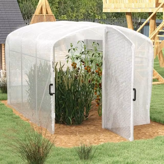 Outsunny White Polytunnel Greenhouse with Door and PE Cover, 6 m2, W: 3 m, D: 2 m, H: 2 m