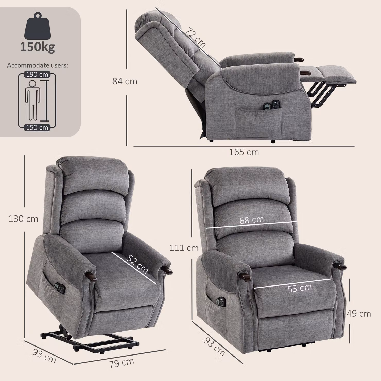 HOMCOM Power Lift Recliner with Vibration Massage and Heat in Light Grey – 3