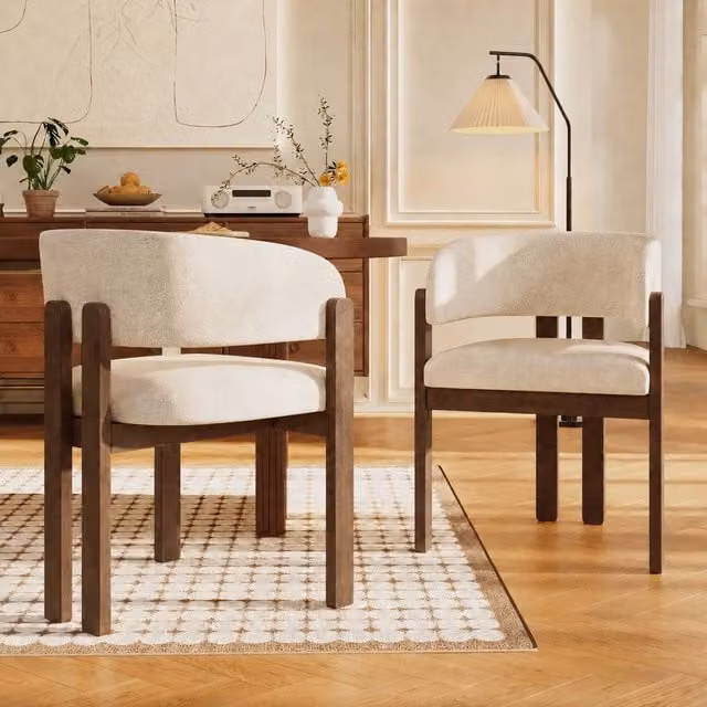 Matteo Set of 2 Solid Wood Dining Chairs with Bouclé Upholstery in Beige and Brown Walnut Finish – 1
