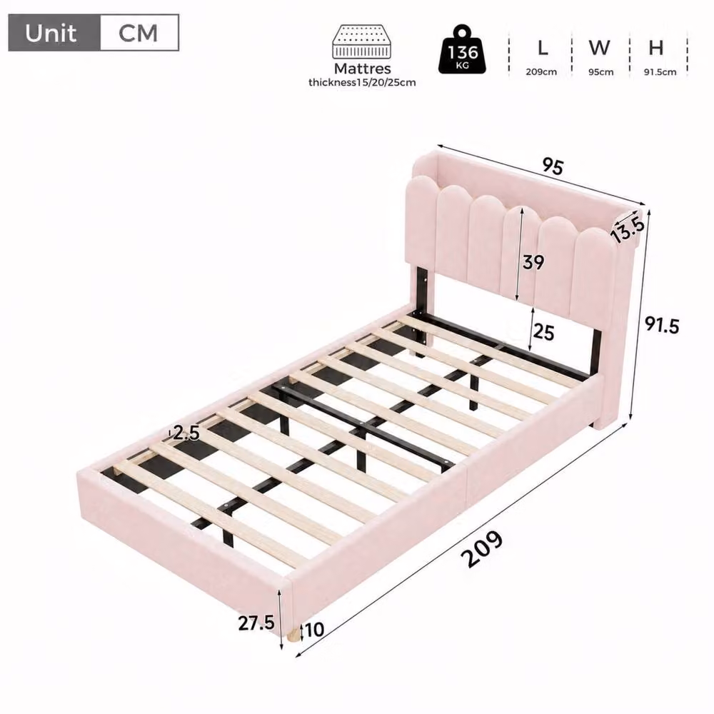 ModernLuxe Kids Upholstered Velvet Single Bed in Light Pink with Storage Headboard, Reading Light and USB Charging Port, 90 x 190 cm – 2