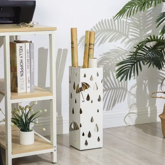 SONGMICS Metal Umbrella Stand with Removable Tray, White