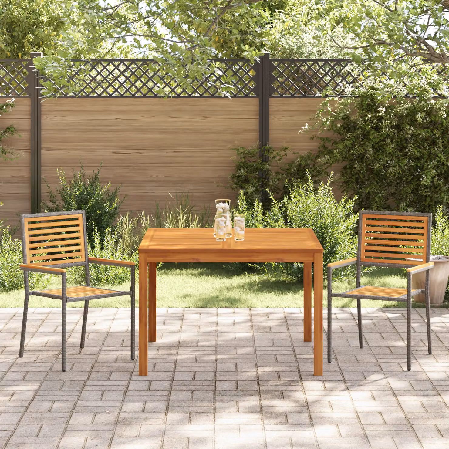 Berkfield Home 3 Piece Grey Poly Rattan and Acacia Wood Garden Dining Set – 3