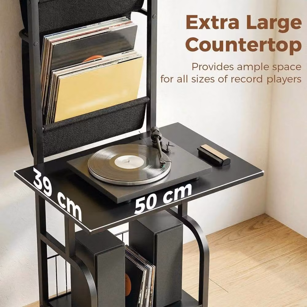 NESTLUNE Black Vinyl Record Player Stand with Media Compartments, W: 100 cm, H: 144 cm, D: 15 cm – 4