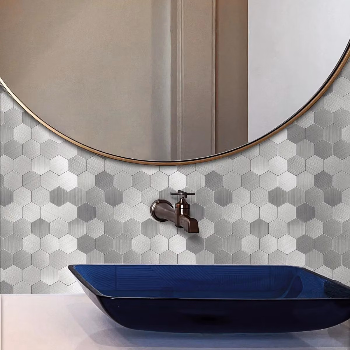 ENER-J HexaStyle Silver Aluminum Peel and Stick Geometric Wall Tiles, Pack of 4, W: 290 mm, D: 288 mm, H: 4 mm – 4