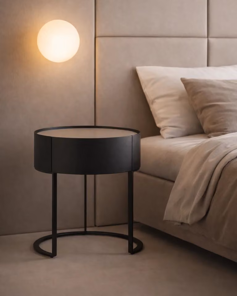 Tommy Franks Verge Bedside Table in Black Oak and Beige with Glass and Metal Details