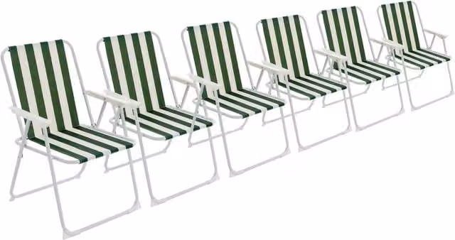 Harbour Housewares Set of 6 Folding Metal Beach Deck Chairs with Armrests in Green Striped Fabric