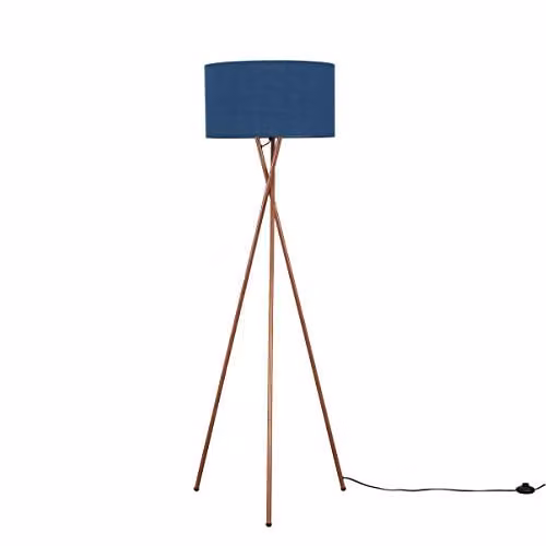 ValueLights Camden Modern Copper Metal Tripod Floor Lamp with Blue Fabric Cylinder Shade – 1