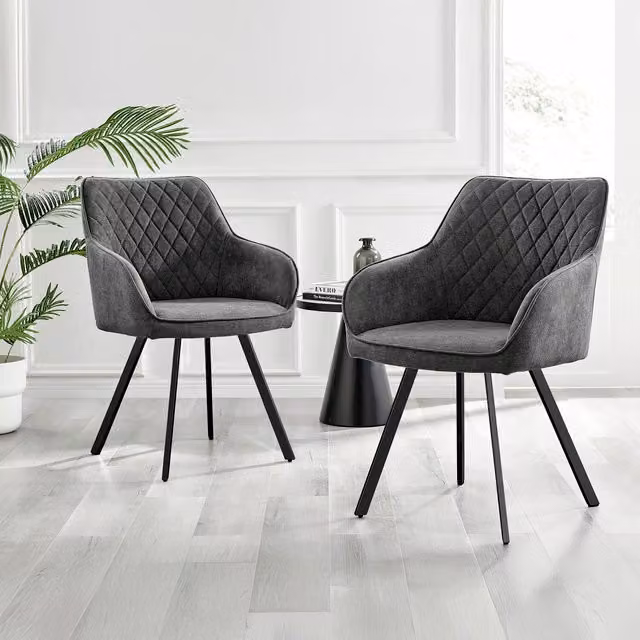 FurnitureboxUK Set of 2 Falun Mid-Century Dining Chairs in Dark Grey Fabric with Black Metal Legs