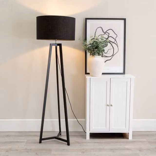 ValueLights Lottie Black Wood Tripod Floor Lamp with Fabric Drum Shade and LED Bulb, H 148 cm x W 45 cm x D 45 cm