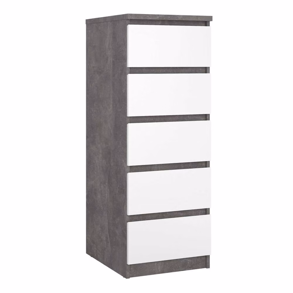 Wyld Haus Budapest Narrow 5 Drawer Chest of Drawers in White and Concrete Effect – 2
