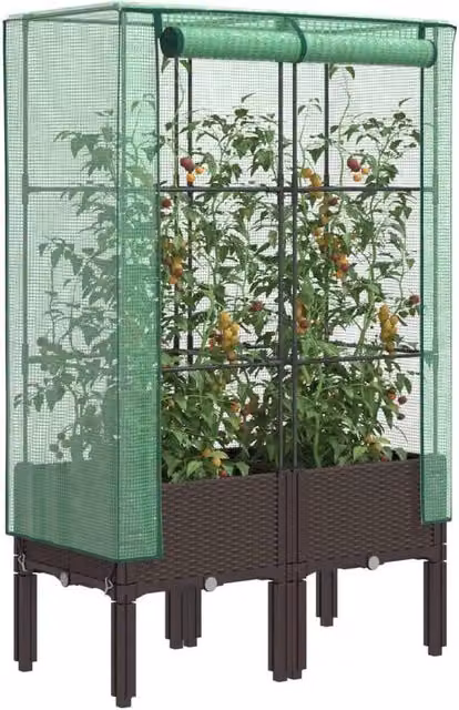 Berkfield Home Raised Bed with Greenhouse Cover in Brown Rattan Look, W/D/H: 80 x 40 x 140 cm