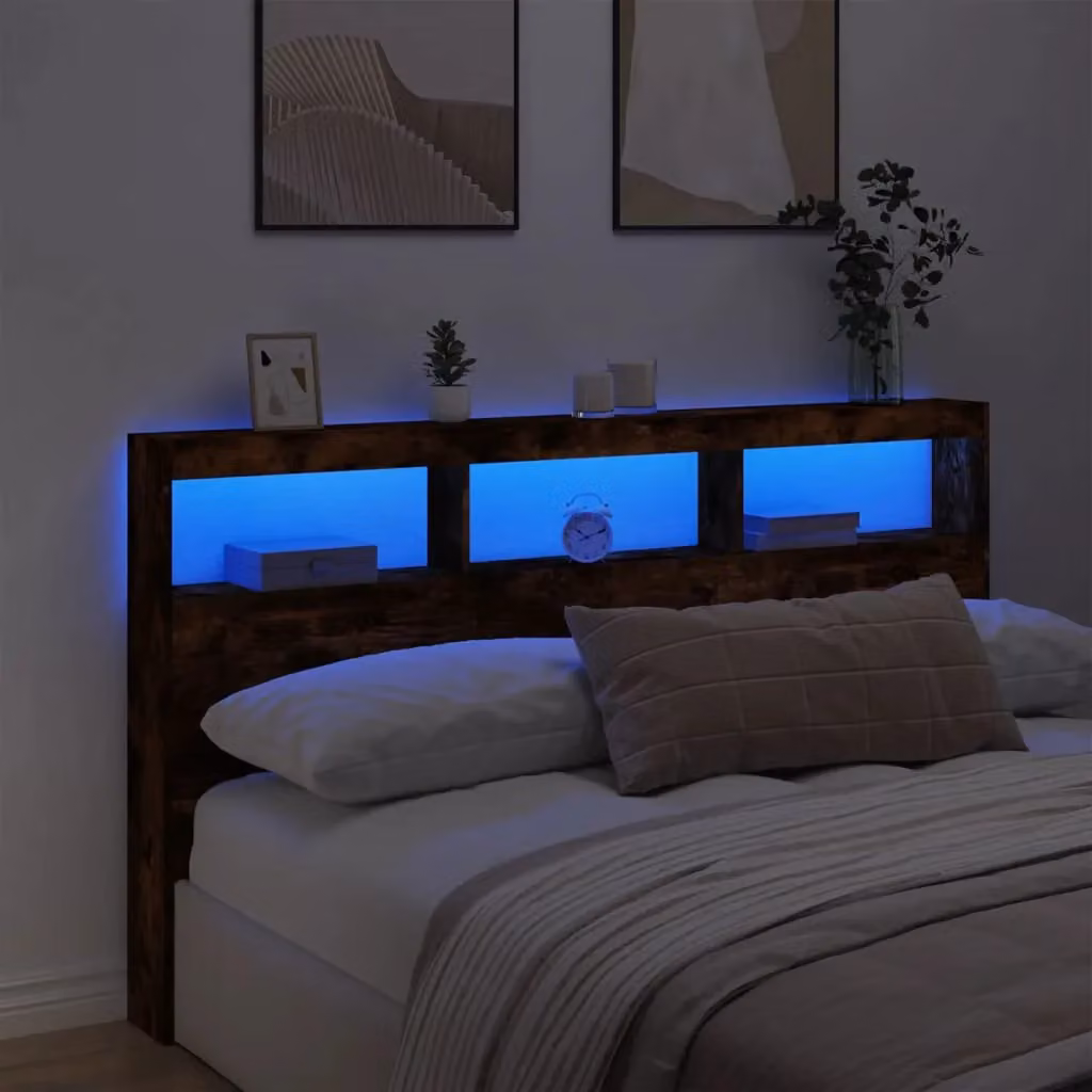 Berkfield Home Modern Smoked Oak Headboard Cabinet with LED Lighting and USB Charging Port, Brown, W/D/H: 180 x 17 x 102 cm – 4