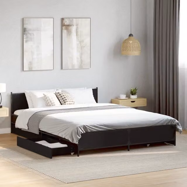 Berkfield Home Double Bed Frame with Drawers in Black, W: 135 cm, L: 190 cm – 1