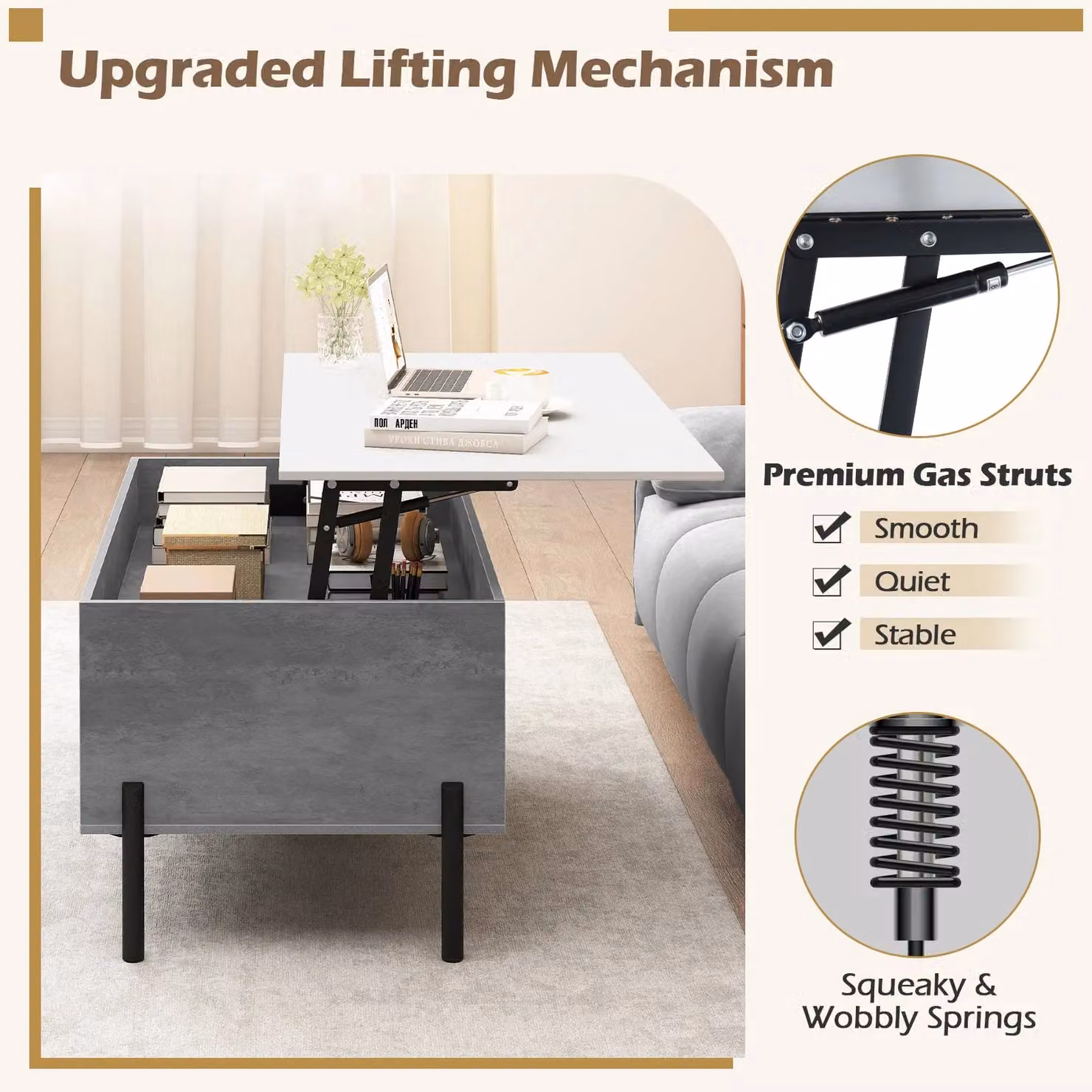 Gymax Modern Rectangular Lift-top Coffee Table with Metal Legs in Grey – 2