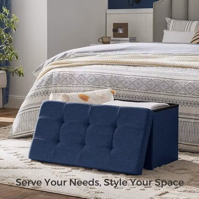 The Bazaarist Blue Fabric Storage Ottoman Bench