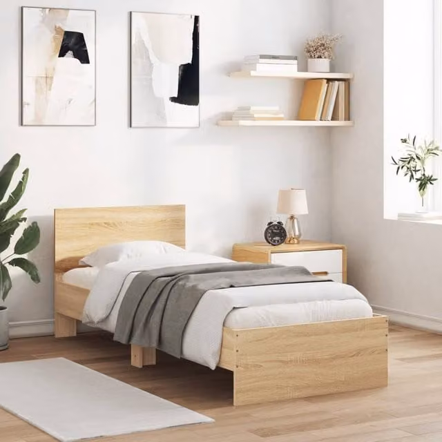 Berkfield Home Durable Bed Frame with LED Under-Bed Lighting in Sonoma Oak and Light Brown, W/D/H: 90 x 200 cm