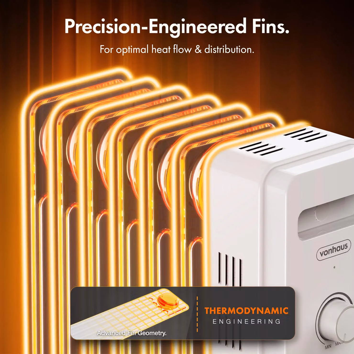 VonHaus 7 Fin Oil Filled Radiator 1500W, White, Freestanding Electric Heater with Adjustable Thermostat and Overheat Protection – 3