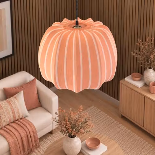 CGC Lighting Fleur Large 50cm Striped Bell Lantern Lampshade in Orange and Red Fabric – 2