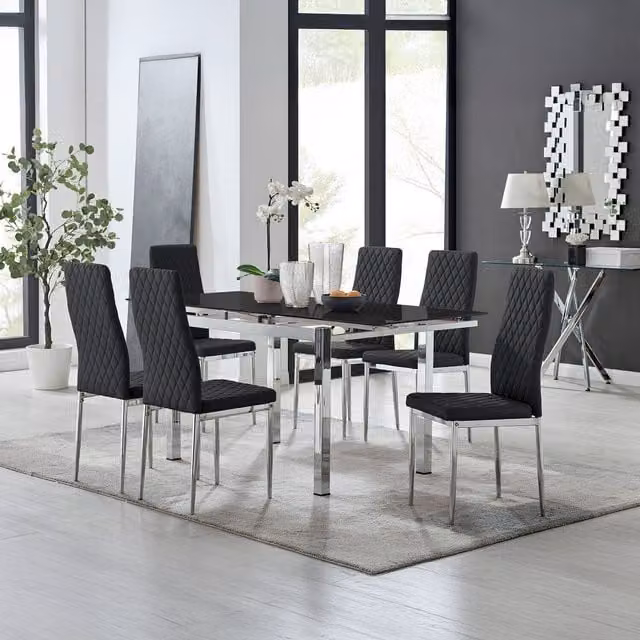 Furniturebox Enna Black Glass Extending Modern Kitchen Dining Table and 6 Milan Chairs