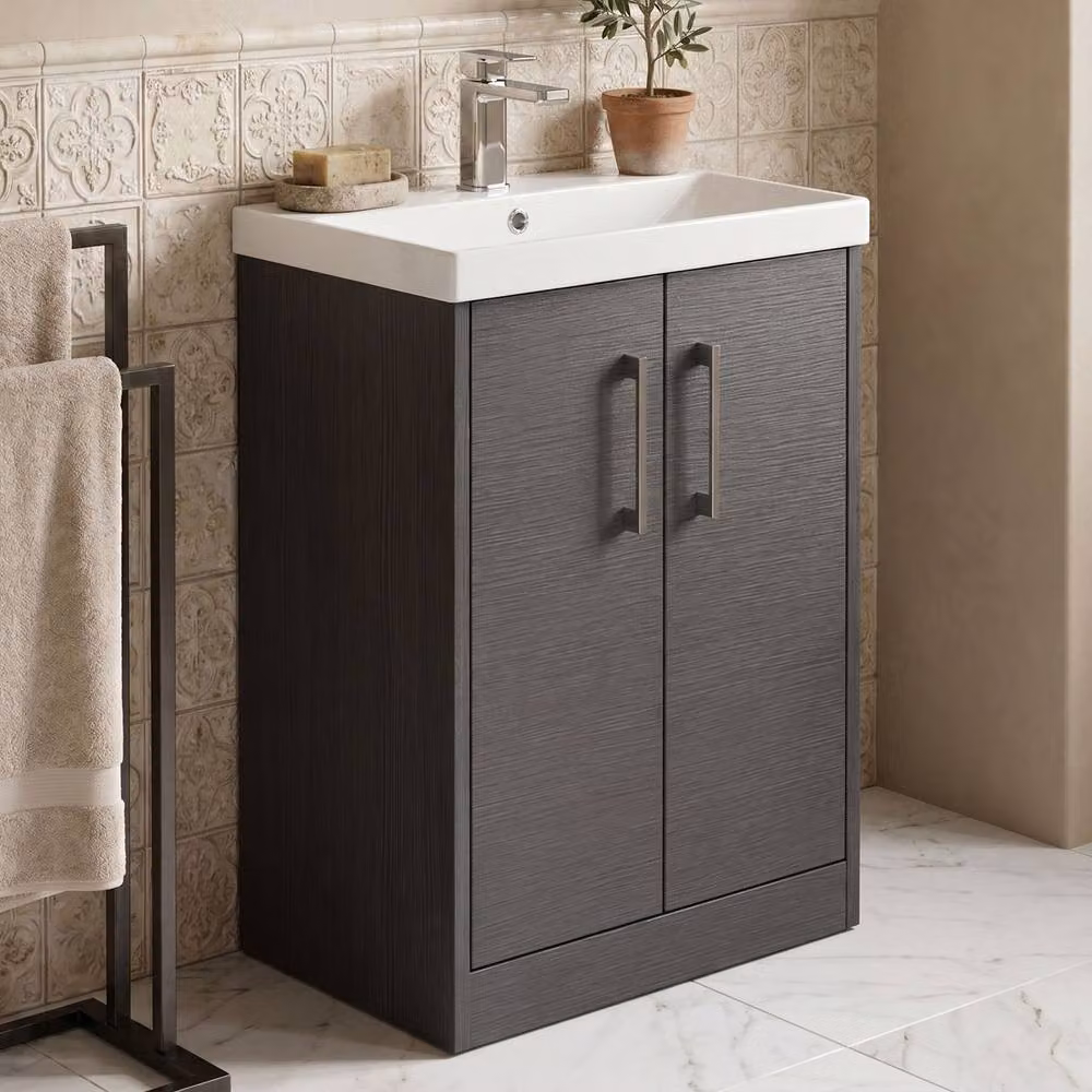 Balterley Winshill 2 Door Freestanding Bathroom Vanity Basin Unit in Matt Dark Grey Woodgrain, W: 50 cm – 2