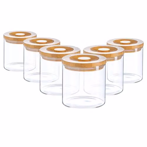 Argon Tableware Scandi Airtight Glass Storage Jars with Wooden Lids, 550ml, 6 Pack, Transparent – 1
