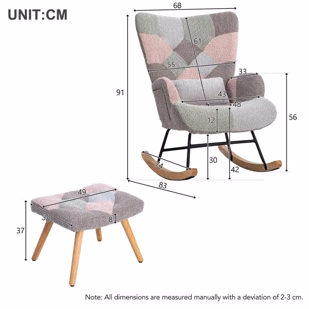 Matteo Multicolour Patchwork Fabric Wingback Rocking Armchair with Integrated Ottoman – 4