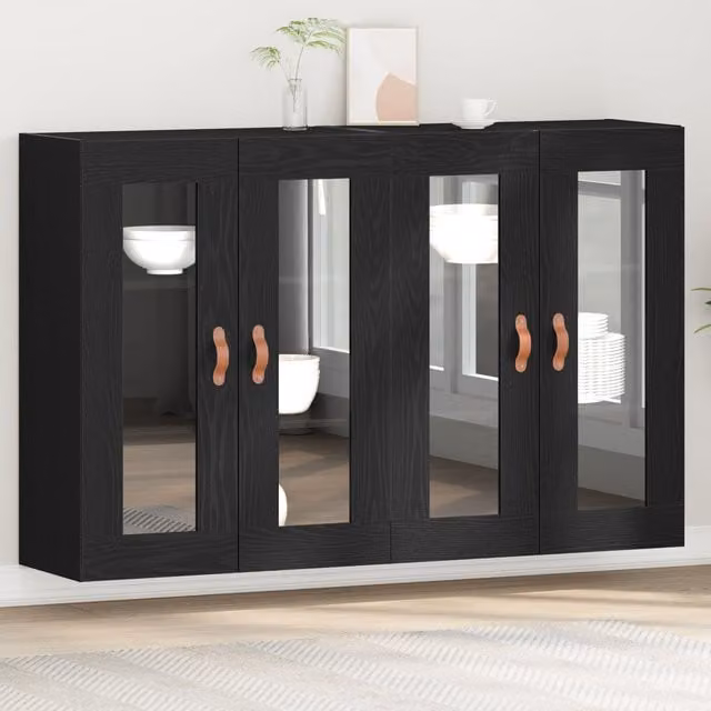 Berkfield Home Set of 2 Modern Wall Mounted Dining Room Cabinets in Black Oak with Glass Doors – 1
