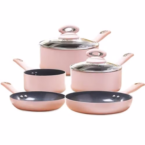 Cermalon 5-Piece Pink Ceramic Cookware Set with Grey Non-Stick Coating including Frying Pans and Saucepans – 1