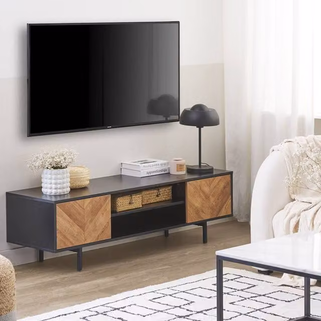 Wyld and Coco 60-Inch Industrial TV Stand in Light Brown and Black with 2 Doors – 1
