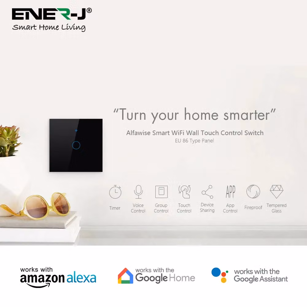 ENER-J 1-Gang Smart Wi-Fi Touch Wall Switch, Black Glass, No Neutral Wire Required – 3