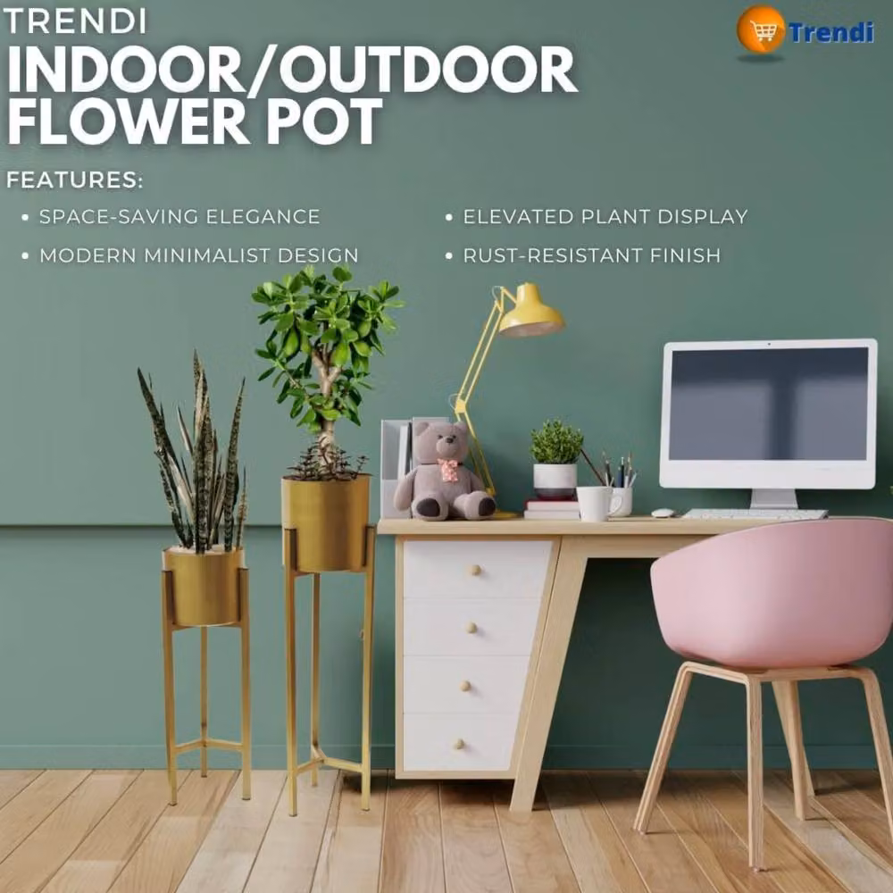 Trendi Gold Set of 2 Round Planter Pots with Reversible Metal Stands – 3