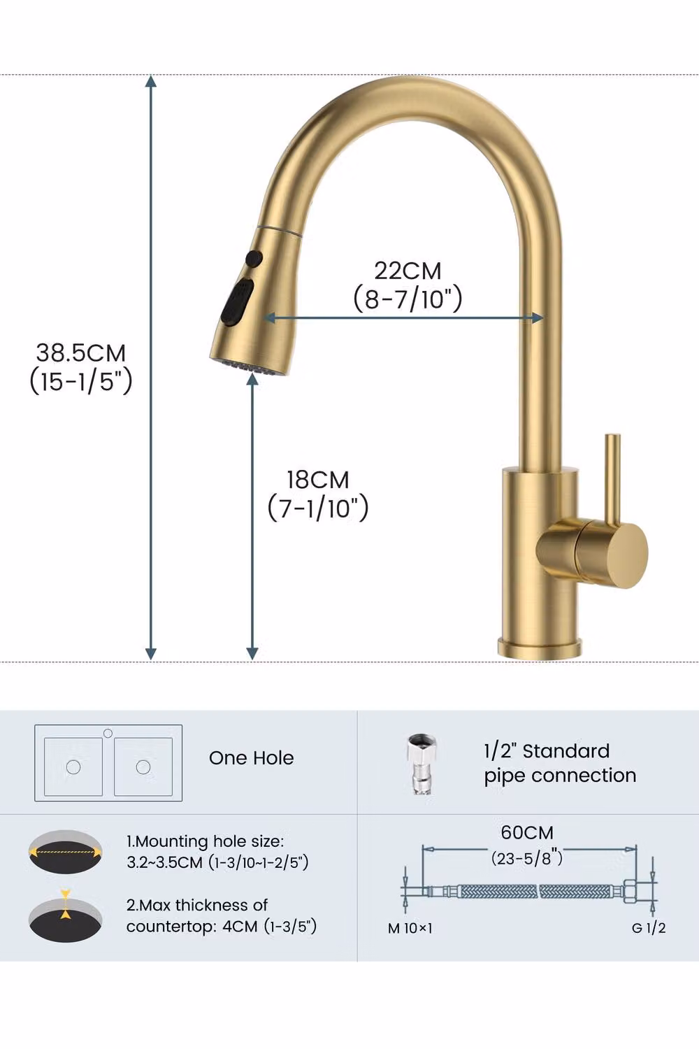 JANLEMNY Brushed Gold Kitchen Mixer Tap with Single Lever and 3-Mode Pull-Out Spray Spout – 3