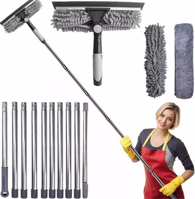 FLAVORA Grey Telescopic Pole Window Cleaning Kit with Squeegee and Microfibre Glass Cleaner – 1