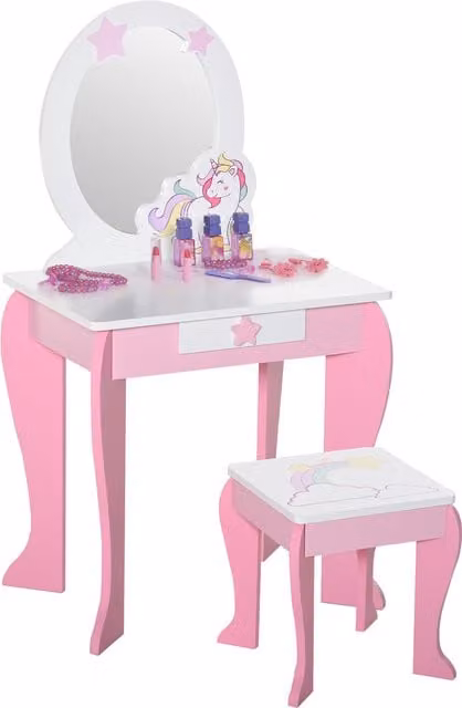 HOMCOM Kids Dressing Table with Mirror and Stool for Ages 3-6 Years, Pink and White