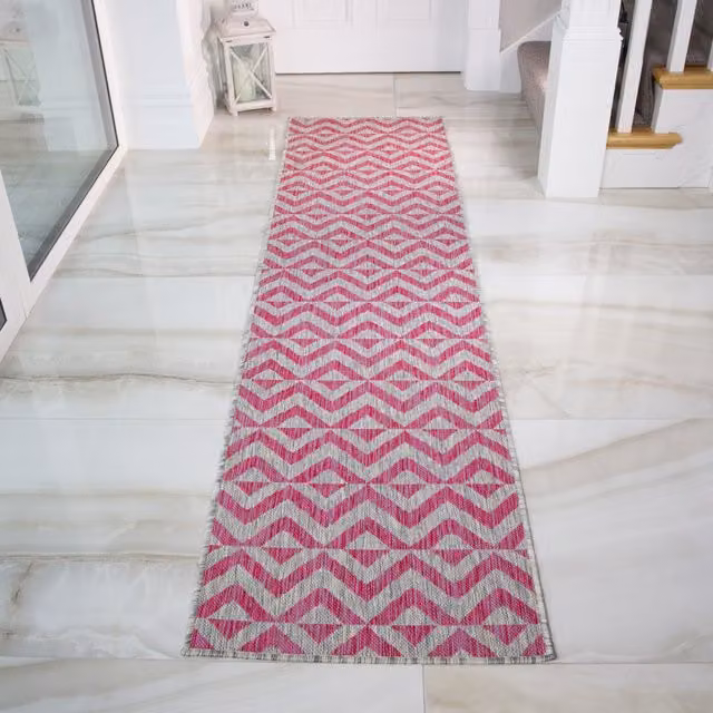 The Rug House Pink and Grey Geometric Flatweave Indoor Outdoor Rug, W: 240 cm, D: 60 cm