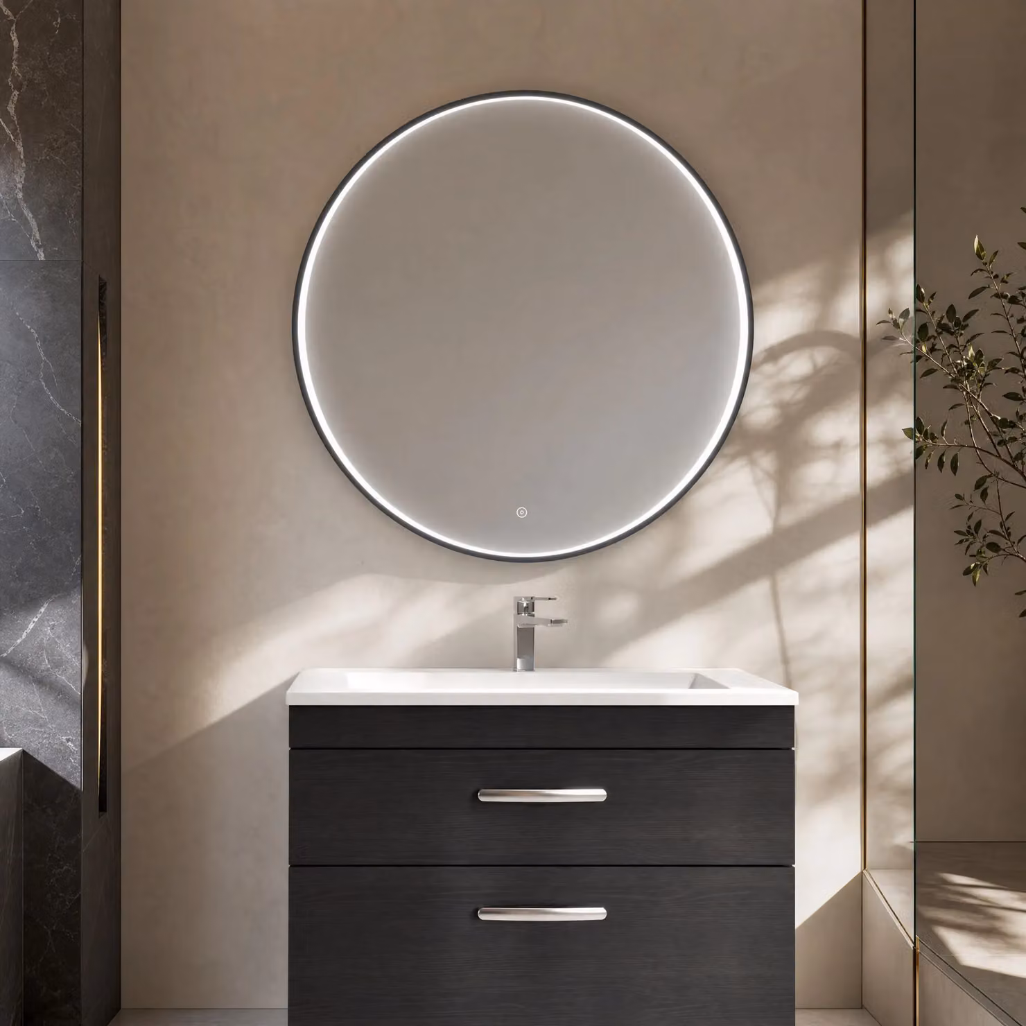 Balterley Round LED Bathroom Mirror with Demister Pad and Touch Sensor, Black, W/D/H: 80 x 80 x 1 cm – 2