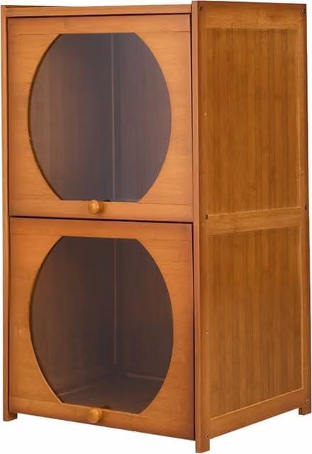 Livingandhome Minimalist Brown Bamboo Freestanding Storage Bookcase with Glass Hinged Doors, W/D/H: 68 x 68 x 68 cm